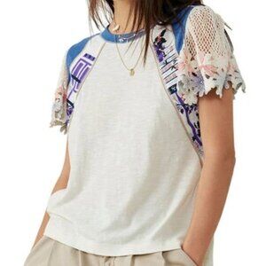 Free People Off White T-Shirt with Crochet Sleeves - Size XS